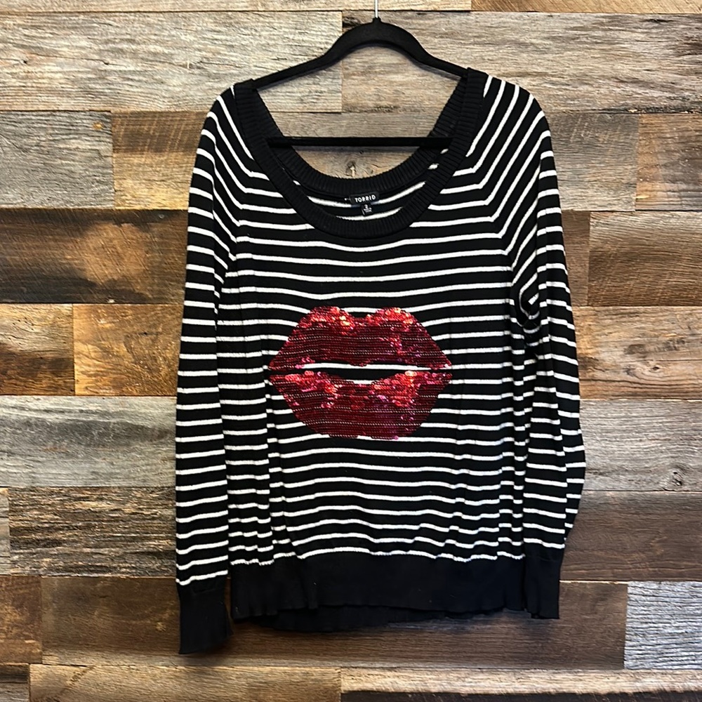 Torrid Black and white striped sequined lips sweater